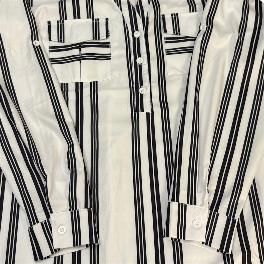 Top Shirt Stripes Lightweight Buttons Long Sleeves 3/4 Sleeves Roll-Up Cuffs 2XL - Picture 8 of 12